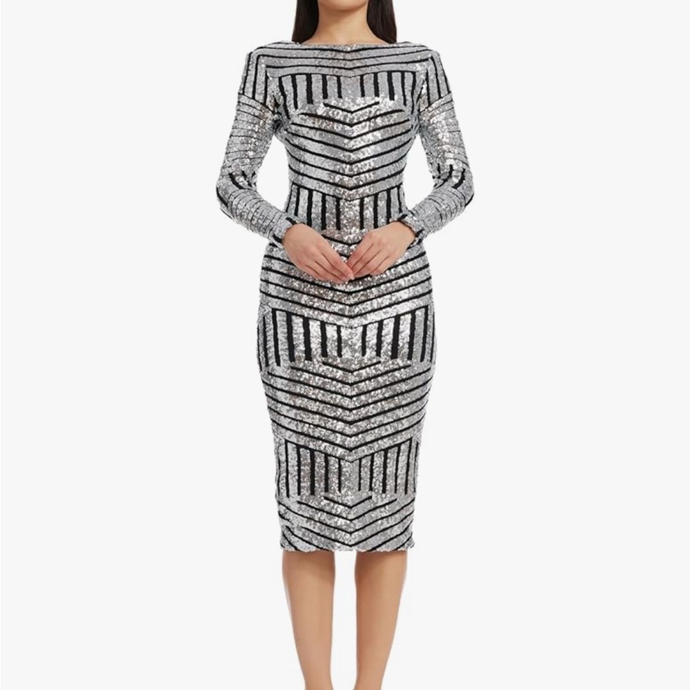Silver and Black Midi Bodycon Dress with Long Cuffed Sleeves and Bateau Neckline